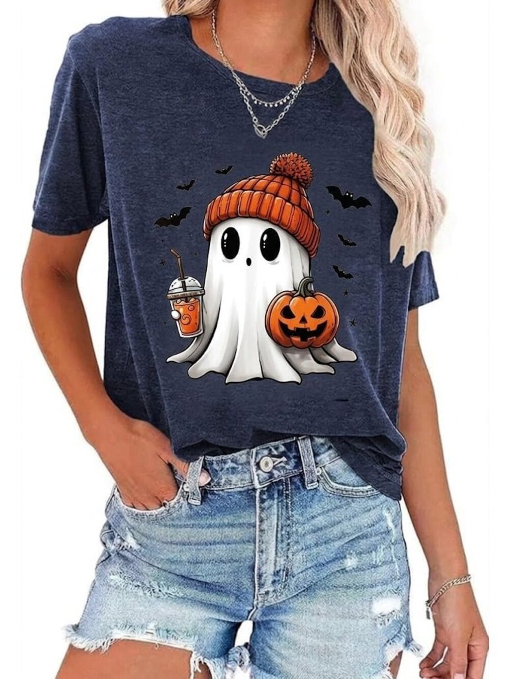 Women's Navy 1 Round Neck Short Sleeve Halloween Horror Graphic Tee Shirts